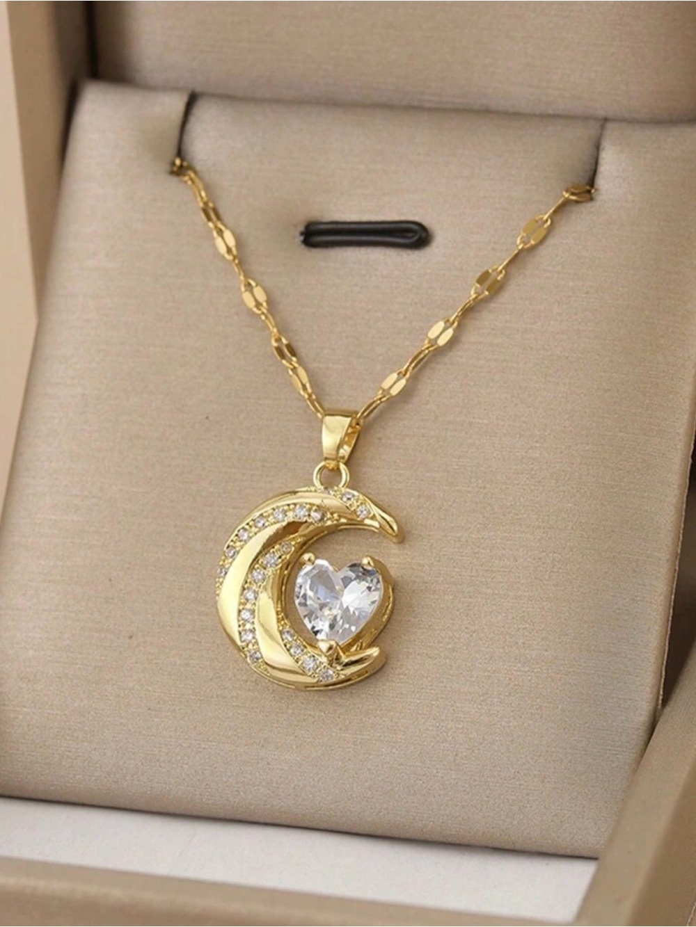 Gold Crescent Moon Pendant Necklace with Heart Crystal